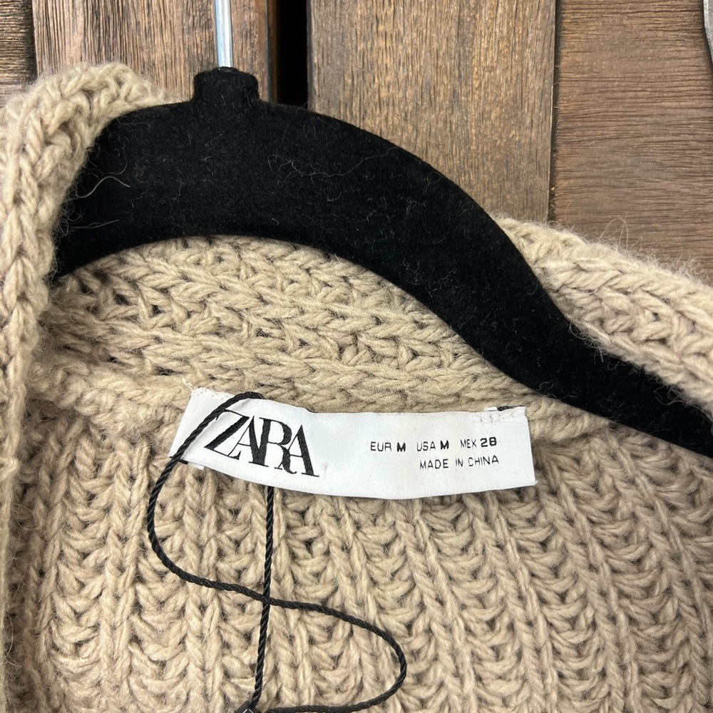 Zara Long Ribbed Knit Cardigan with Scarf - Beige - Picture 6 of 8